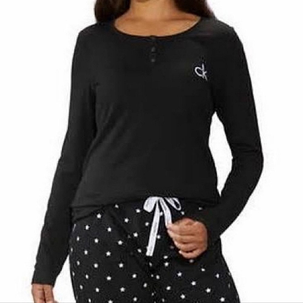 Calvin Klein Women's Black Henley Ribbed-knit Long Sleeve Pullover Top